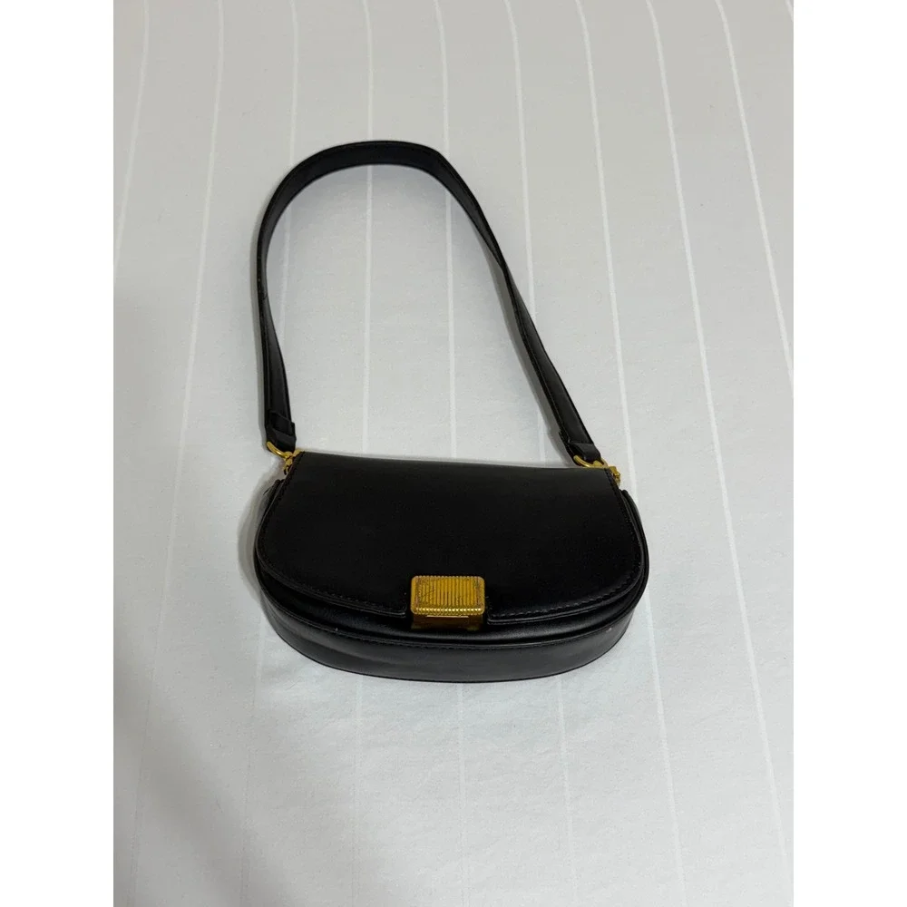 Rachel Zoe Black Leather Shoulder Bag Gold Hardware Clasp Minimalist Handbag